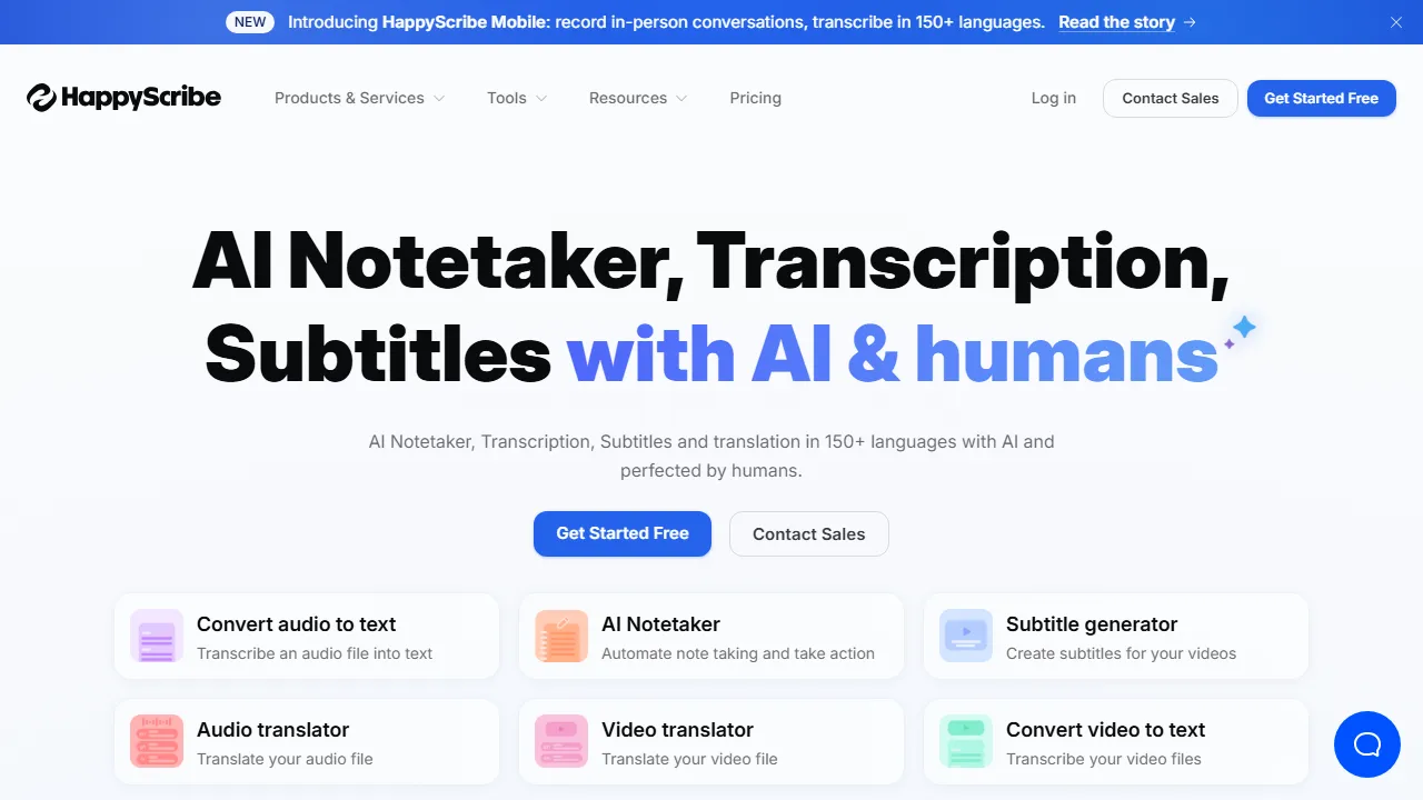 Happyscribe homepage, transcription & meetings AI tool