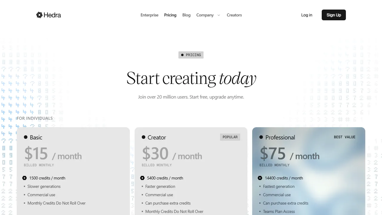Hedra pricing page: plans and rates