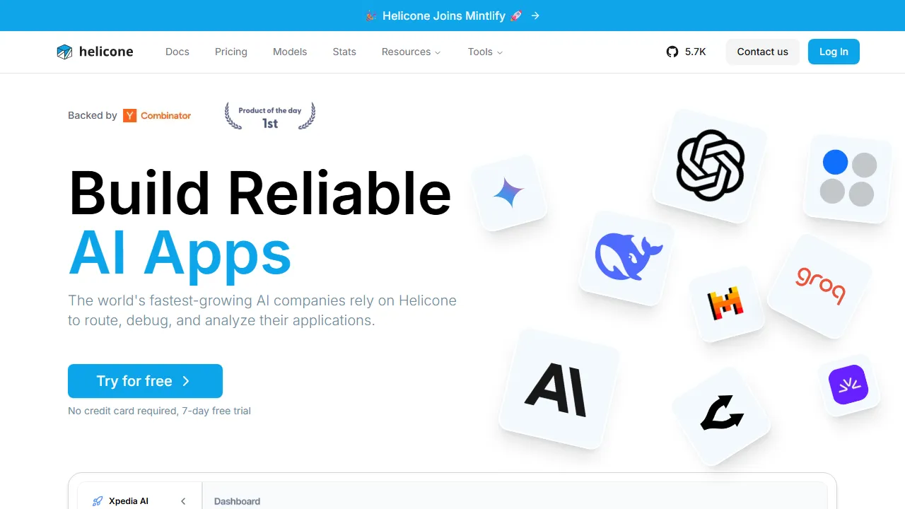 Helicone homepage, mcp & connectors AI tool