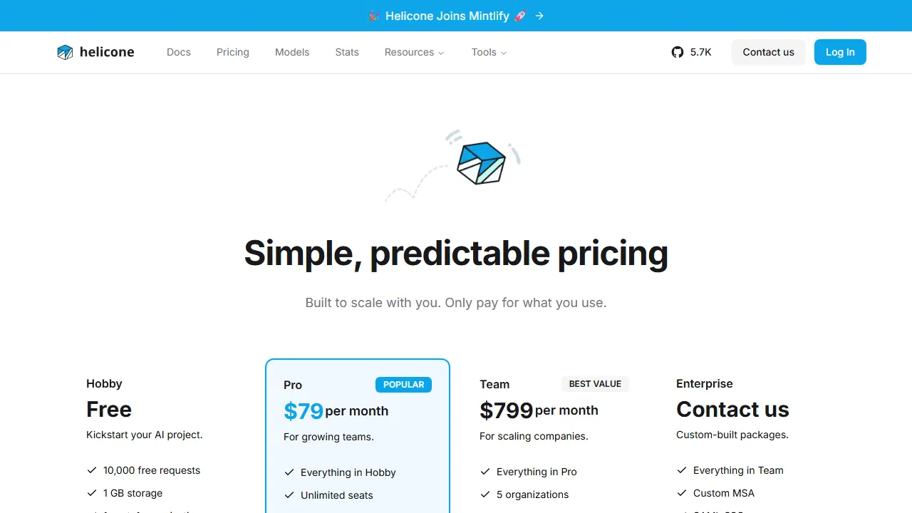 Helicone pricing page: plans and rates
