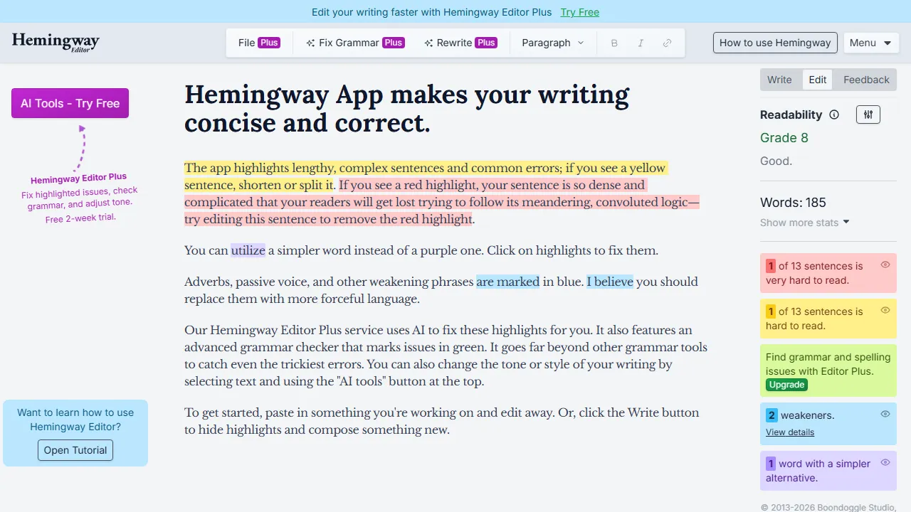 Hemingway Editor homepage, writing AI tool