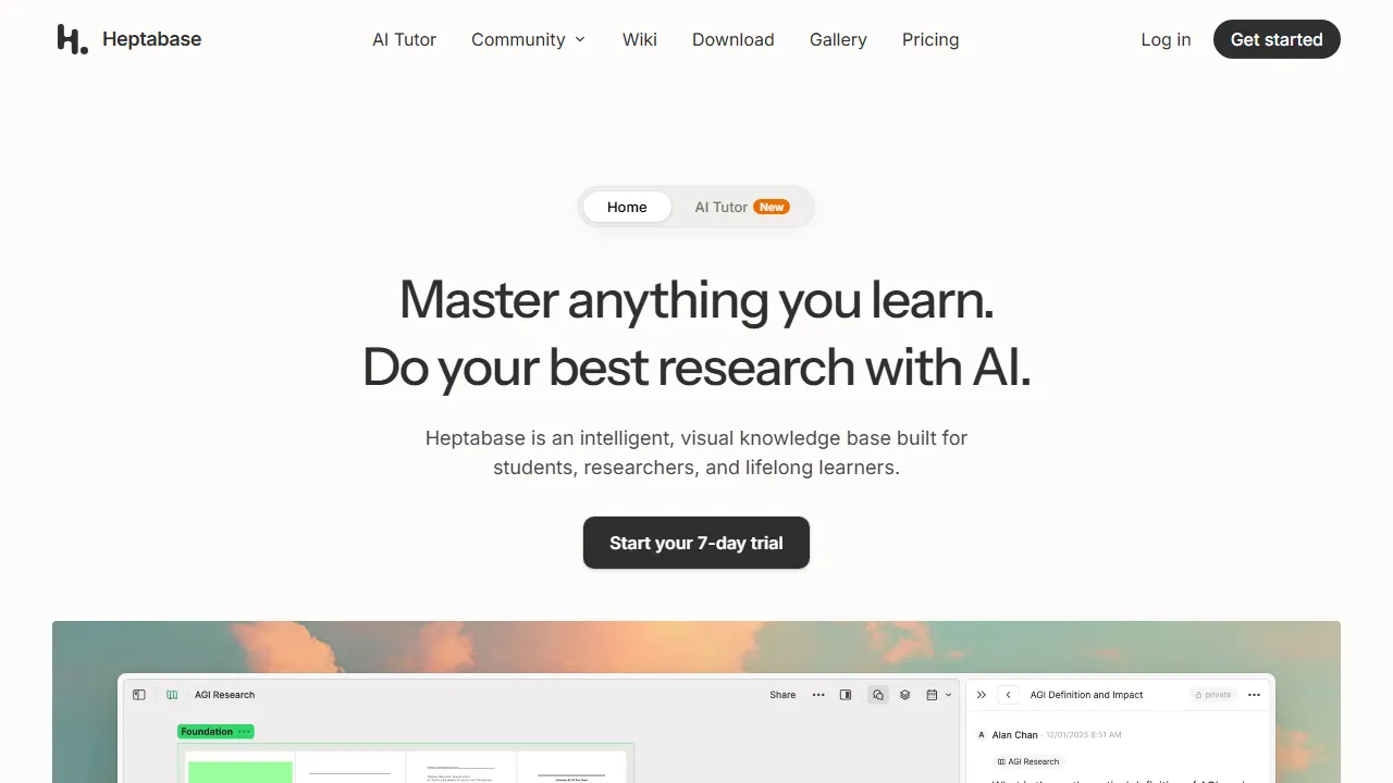 Heptabase homepage, productivity AI tool