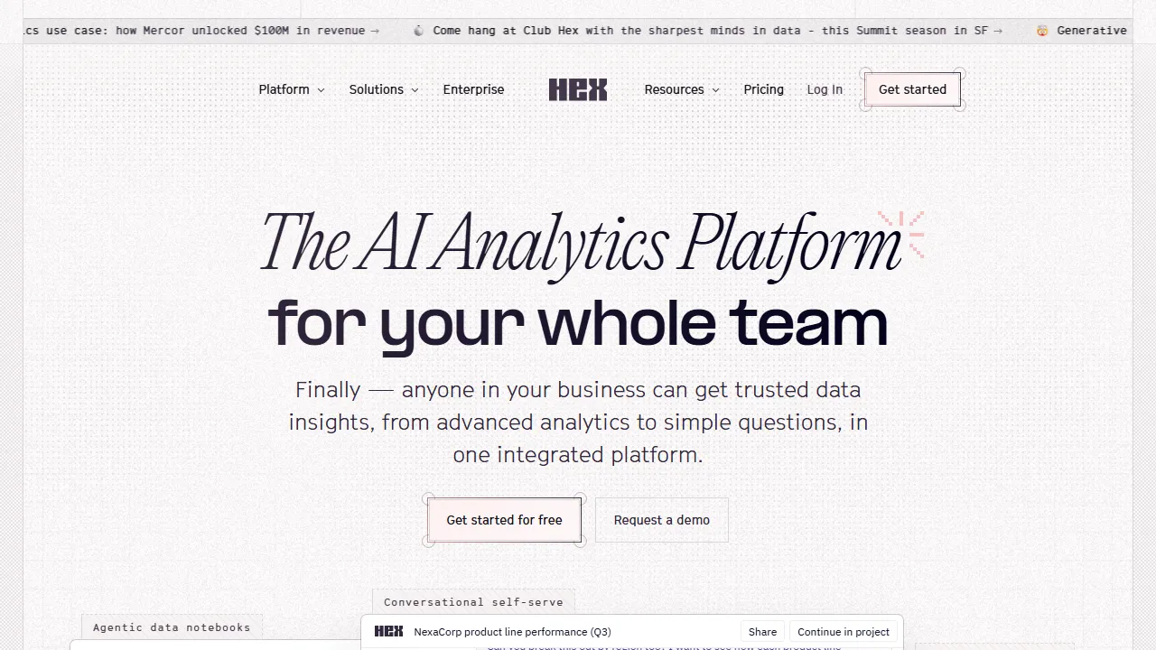 Hex homepage, data & analysis AI tool