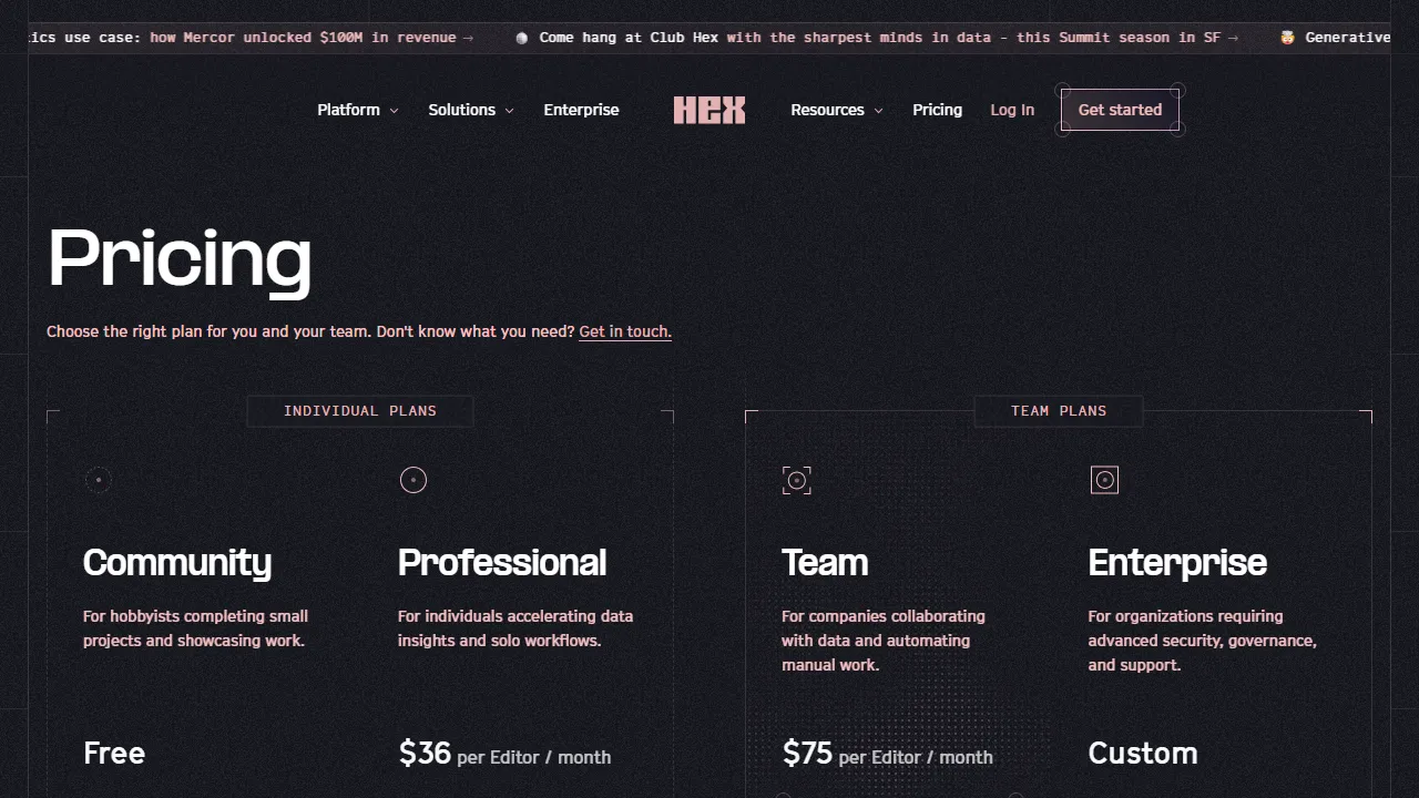 Hex pricing page: plans and rates