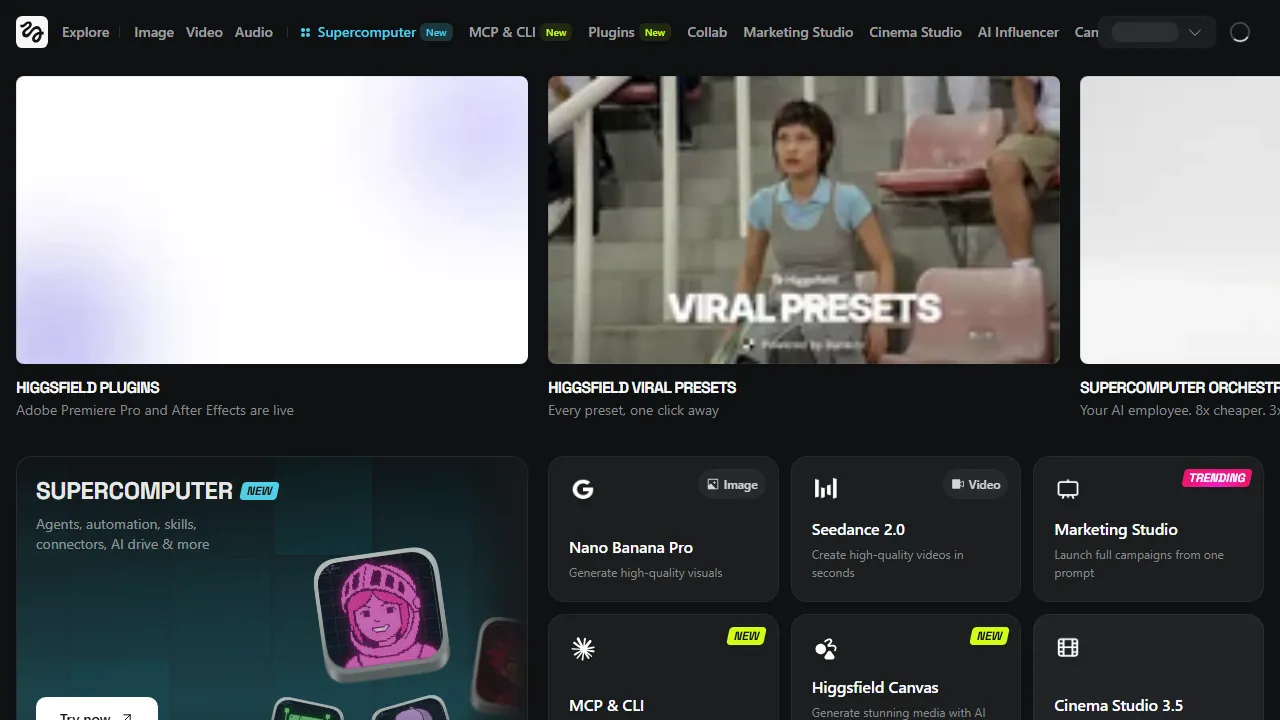 Higgsfield homepage, video AI tool