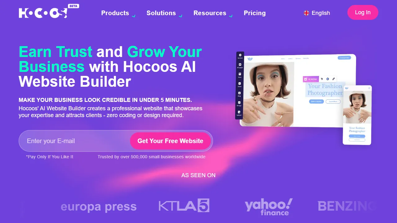 Hocoos homepage, no-code AI tool