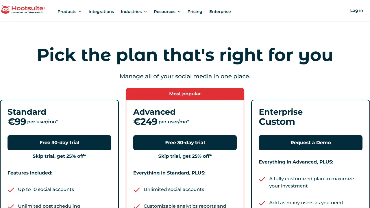 Hootsuite OwlyWriter pricing page: plans and rates
