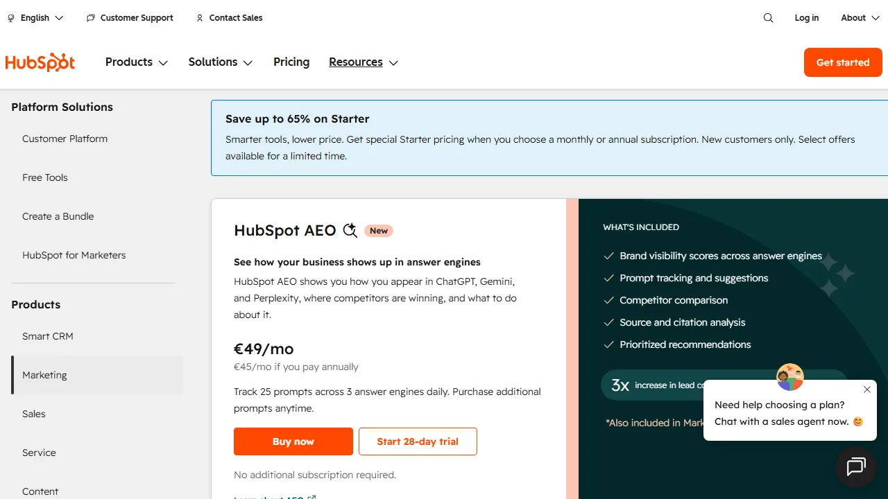 HubSpot Breeze pricing page: plans and rates