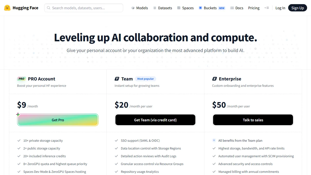 HuggingChat pricing page: plans and rates