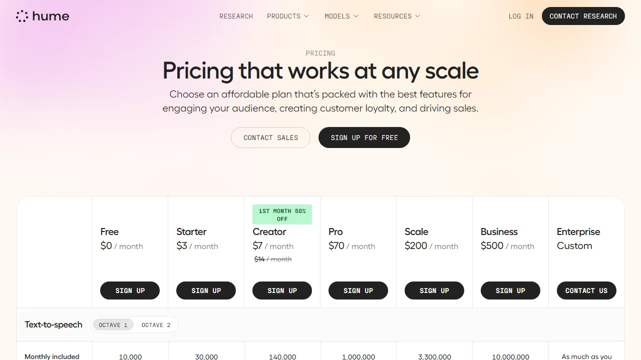 Hume AI pricing page: plans and rates