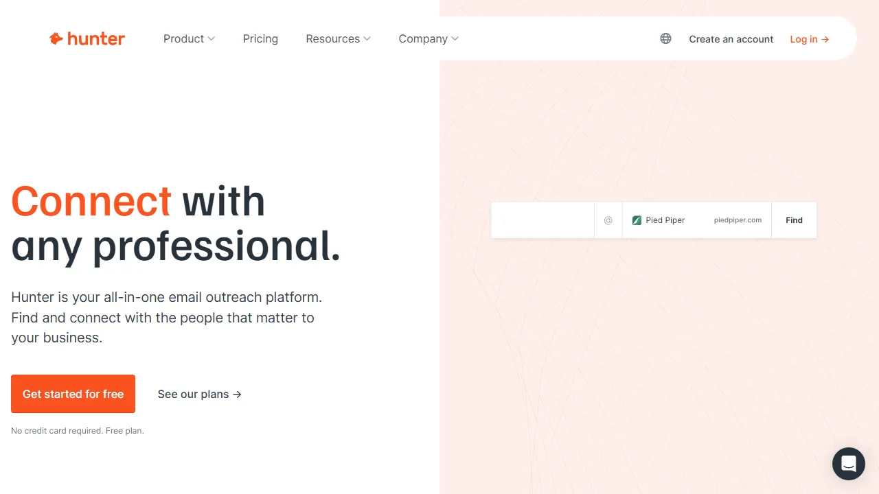Hunter.io homepage, marketing & seo AI tool