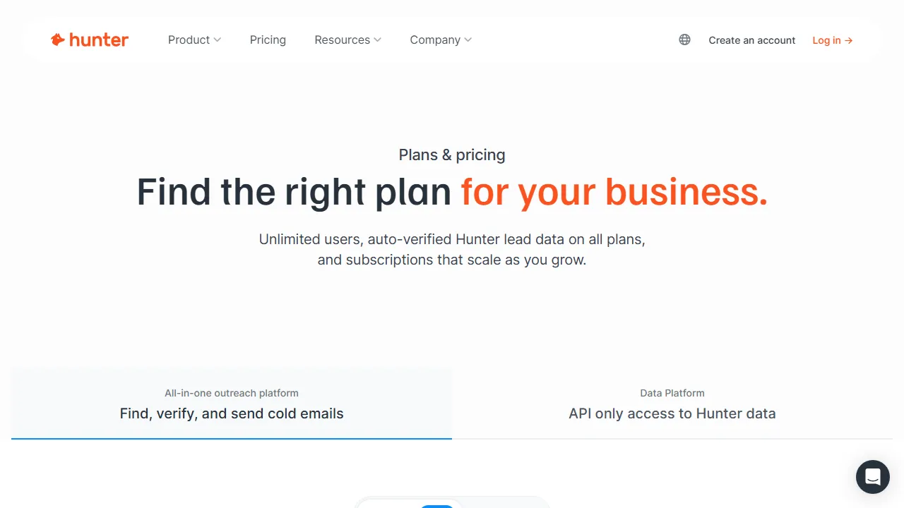 Hunter.io pricing page: plans and rates