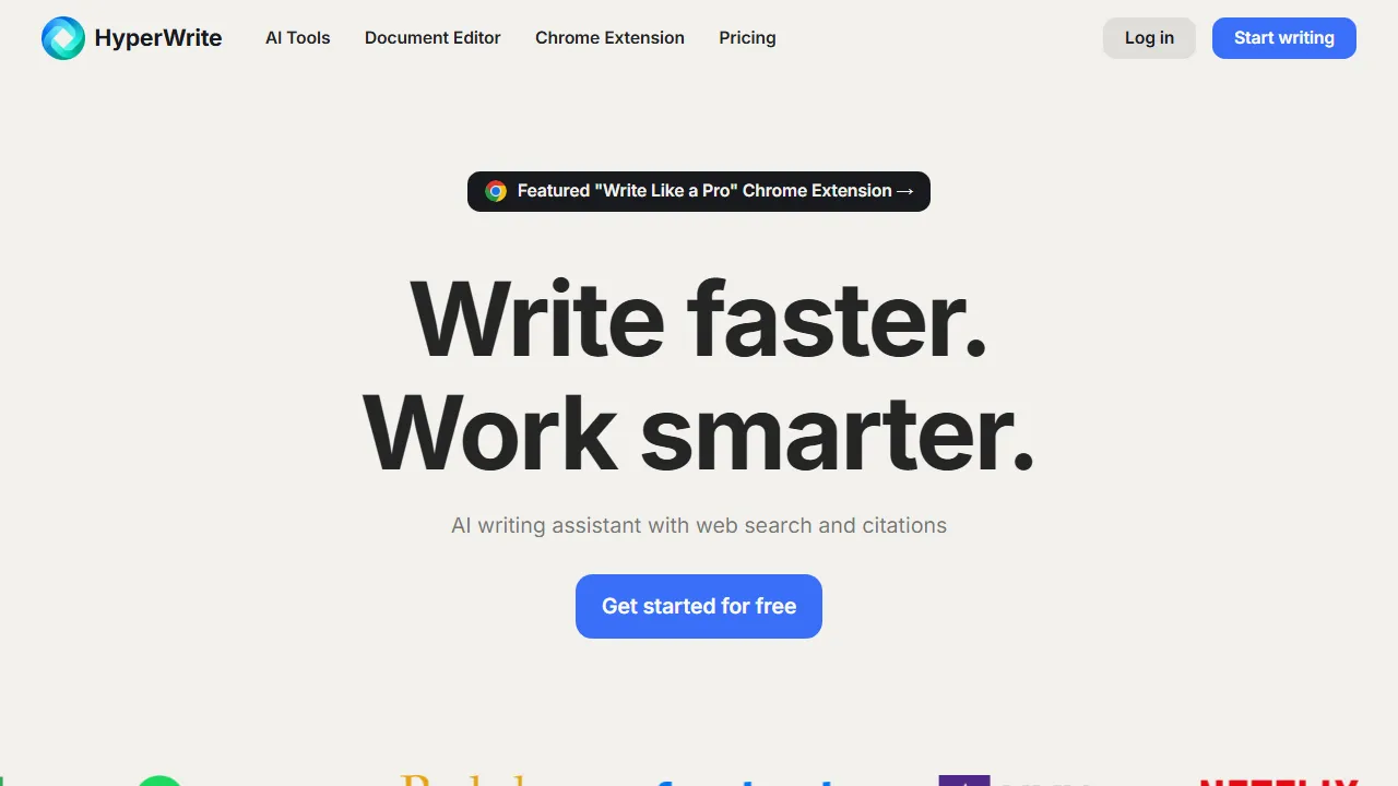 HyperWrite homepage, writing AI tool