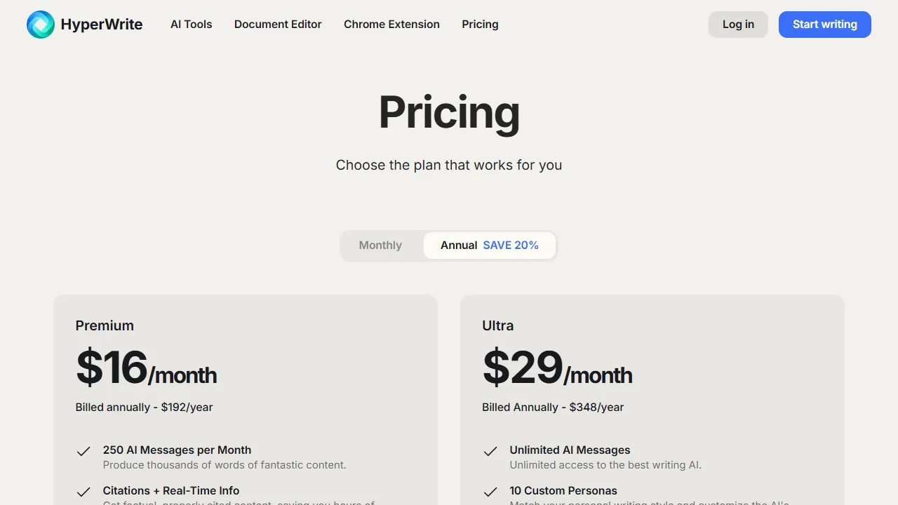 HyperWrite pricing page: plans and rates