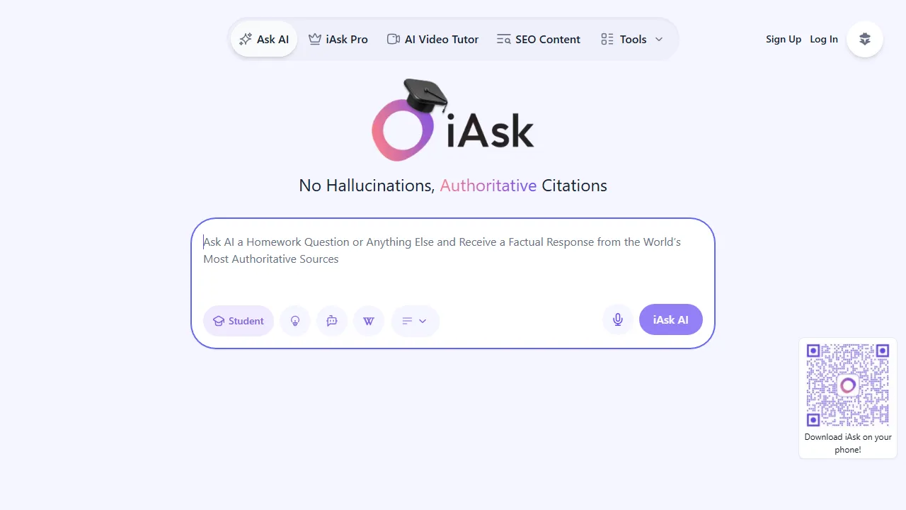 iAsk homepage, search AI tool