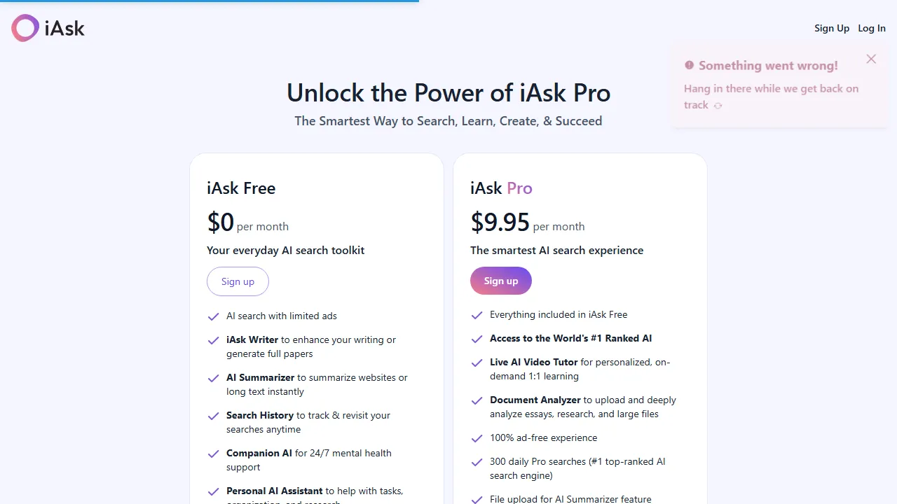 iAsk pricing page: plans and rates