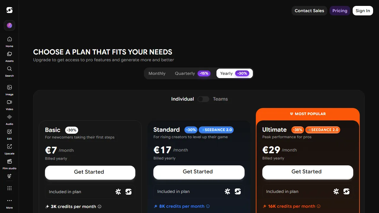 ImagineArt pricing page: plans and rates