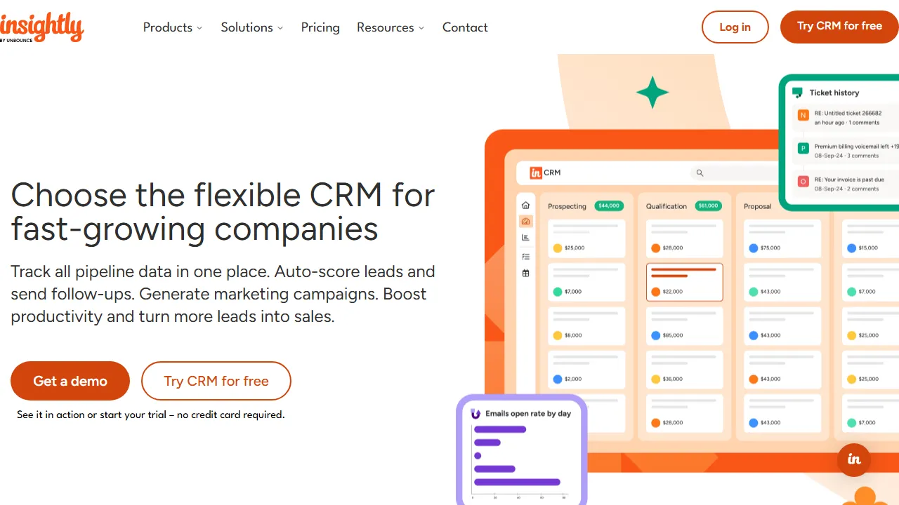 Insightly homepage, customer support & sales AI tool