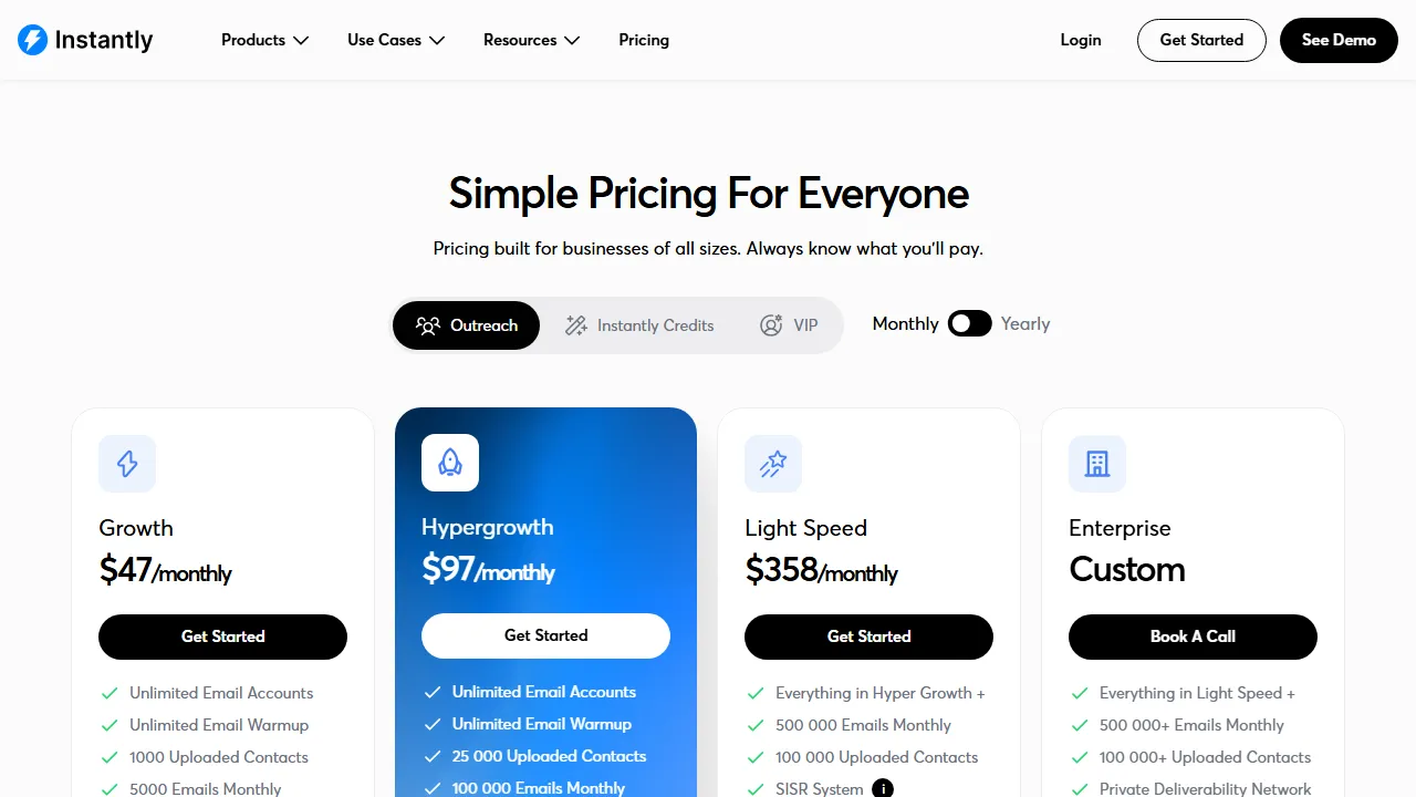 Instantly pricing page: plans and rates