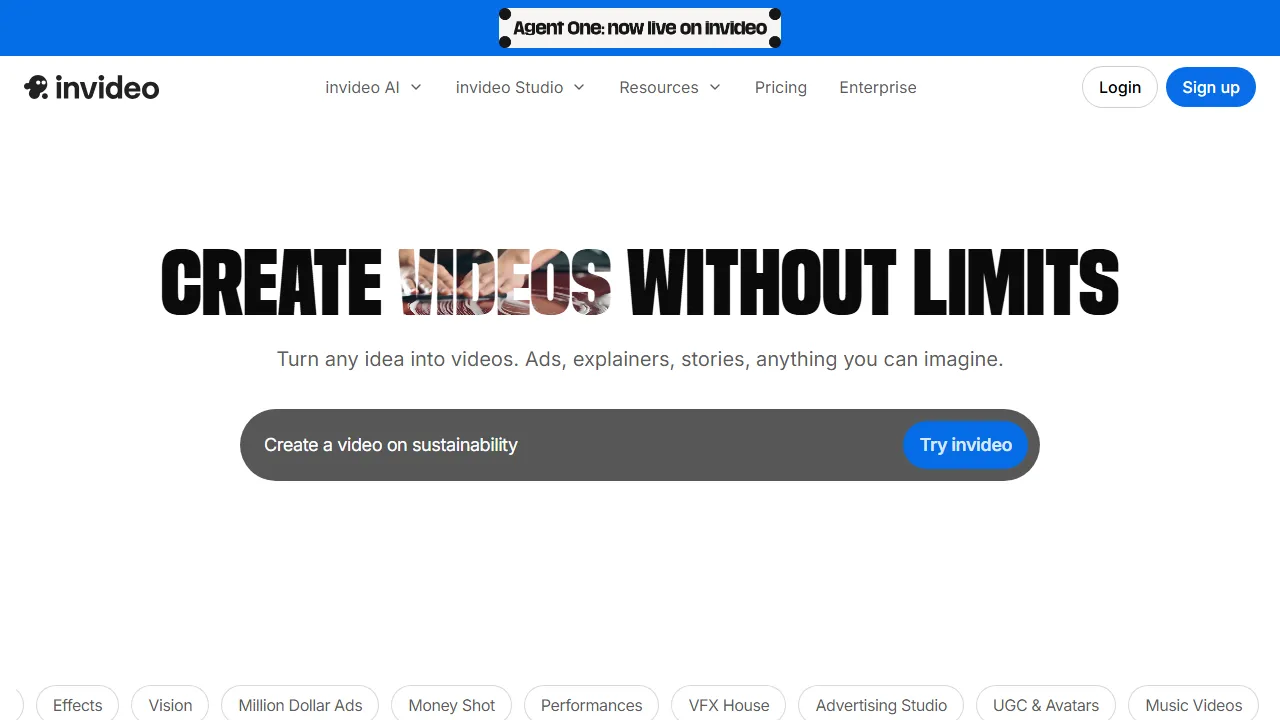 Invideo AI homepage, video AI tool