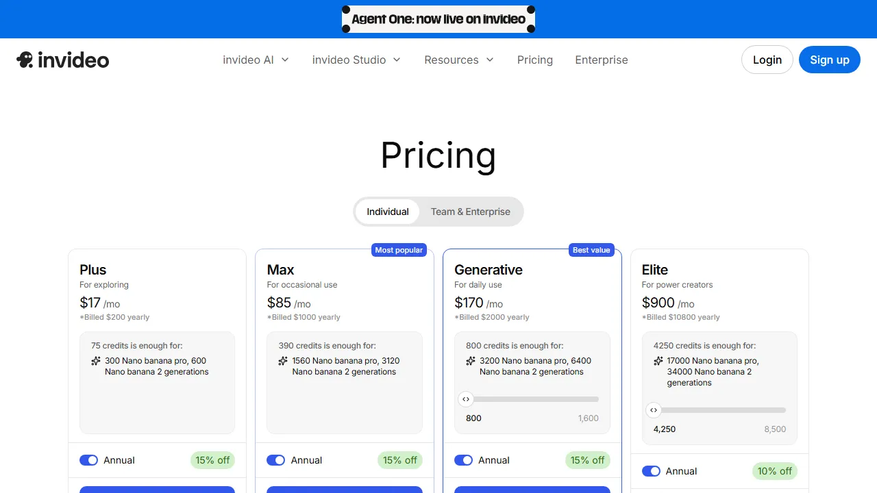 Invideo AI pricing page: plans and rates