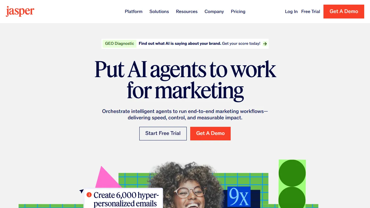 Jasper homepage, writing AI tool