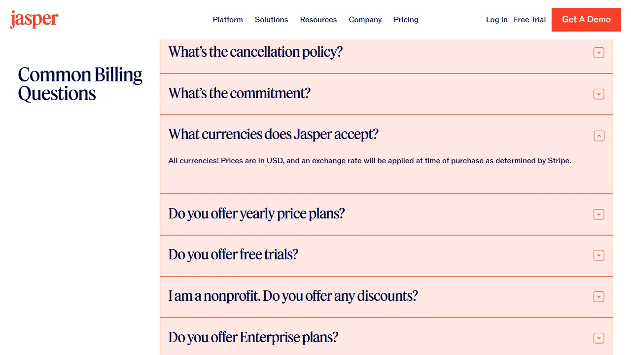 Jasper pricing page: plans and rates