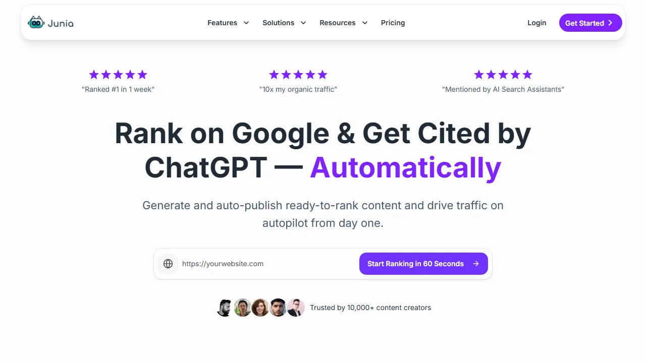 Junia AI homepage, writing AI tool