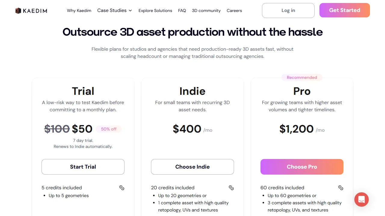 Kaedim pricing page: plans and rates