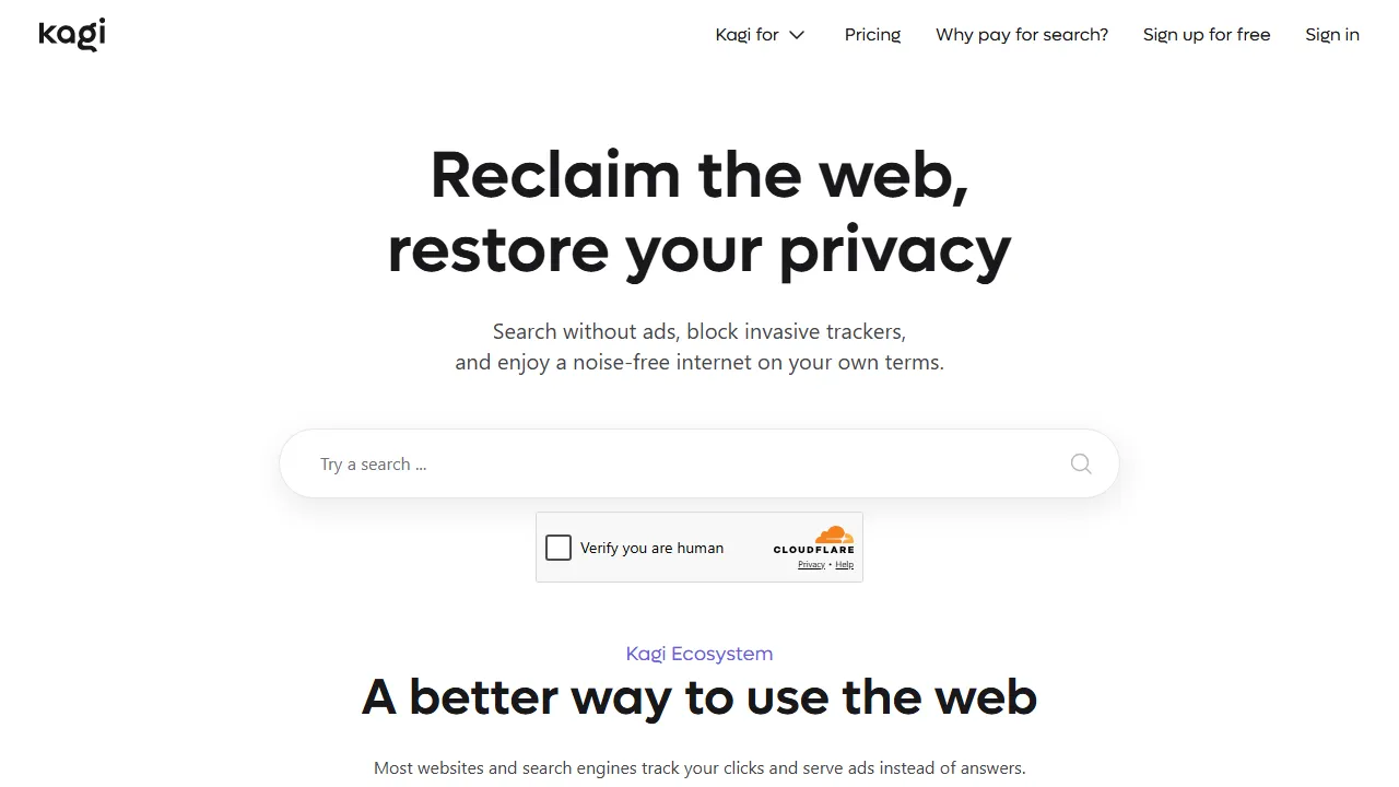 Kagi homepage, search AI tool