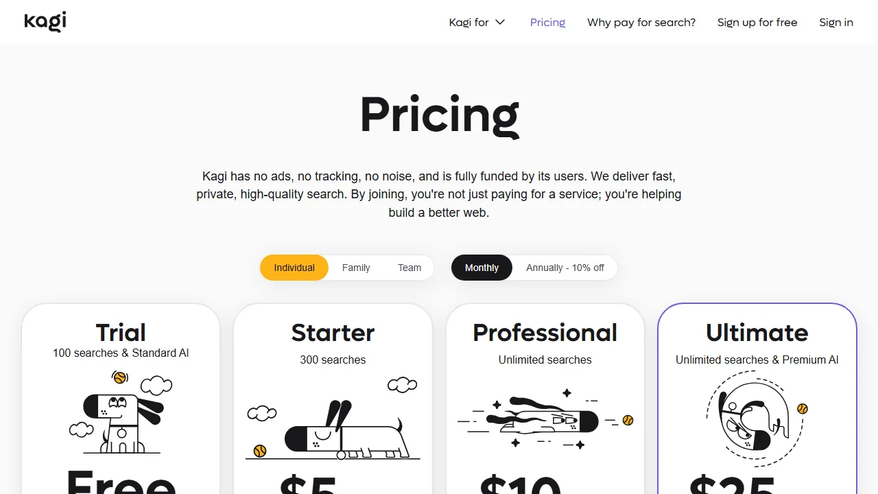 Kagi pricing page: plans and rates