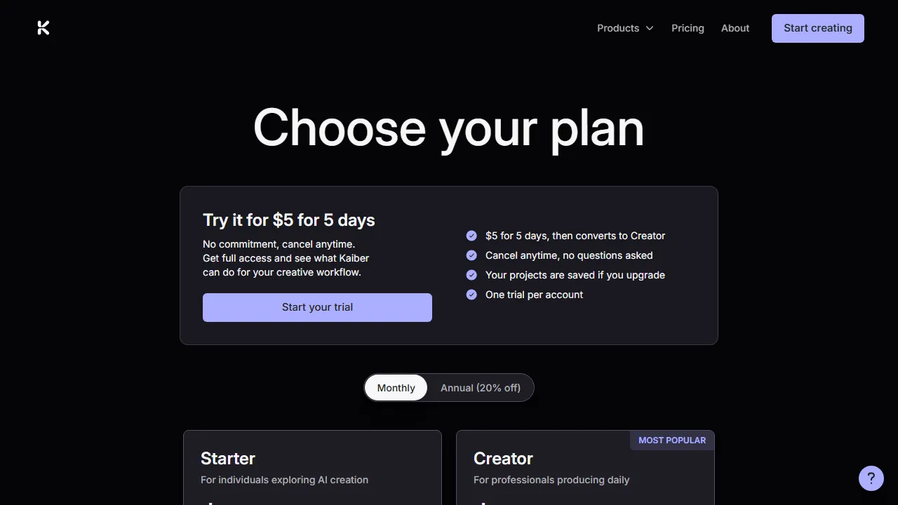 Kaiber pricing page: plans and rates