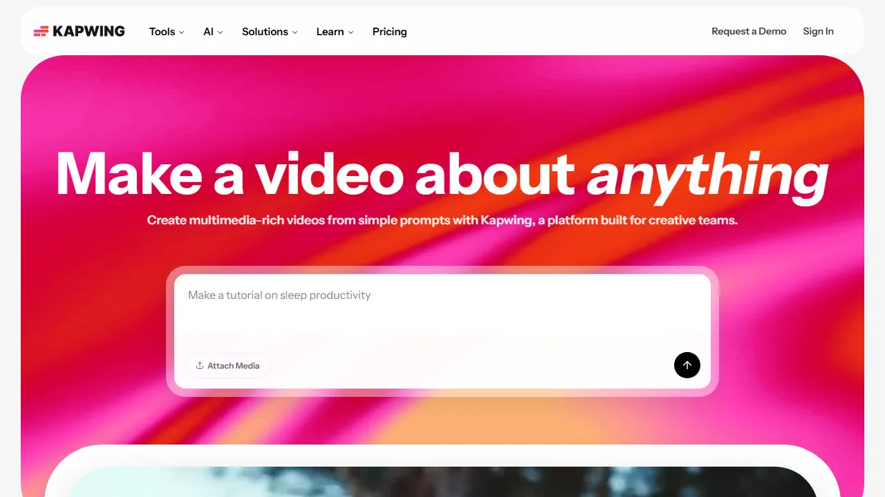 Kapwing homepage, video AI tool