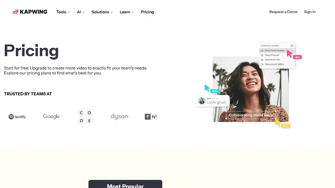 Kapwing pricing page: plans and rates
