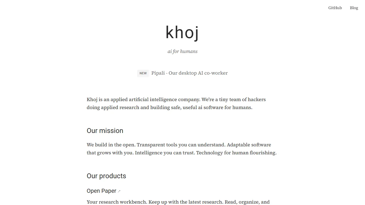 Khoj homepage, productivity AI tool