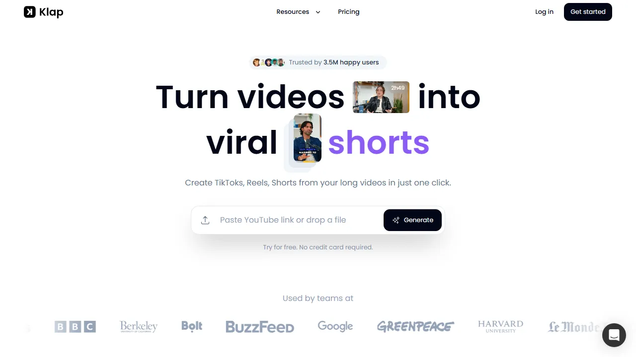 Klap homepage, video AI tool
