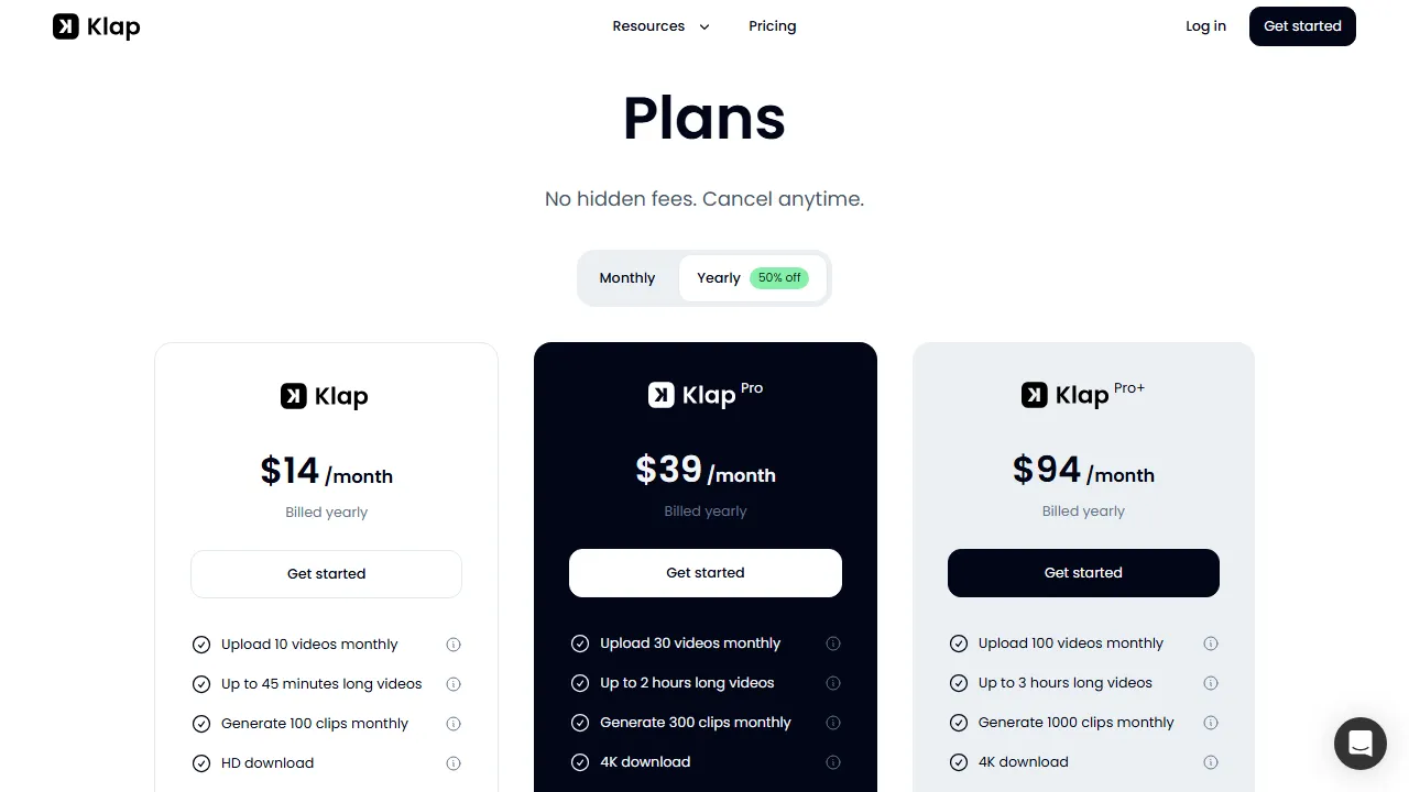 Klap pricing page: plans and rates