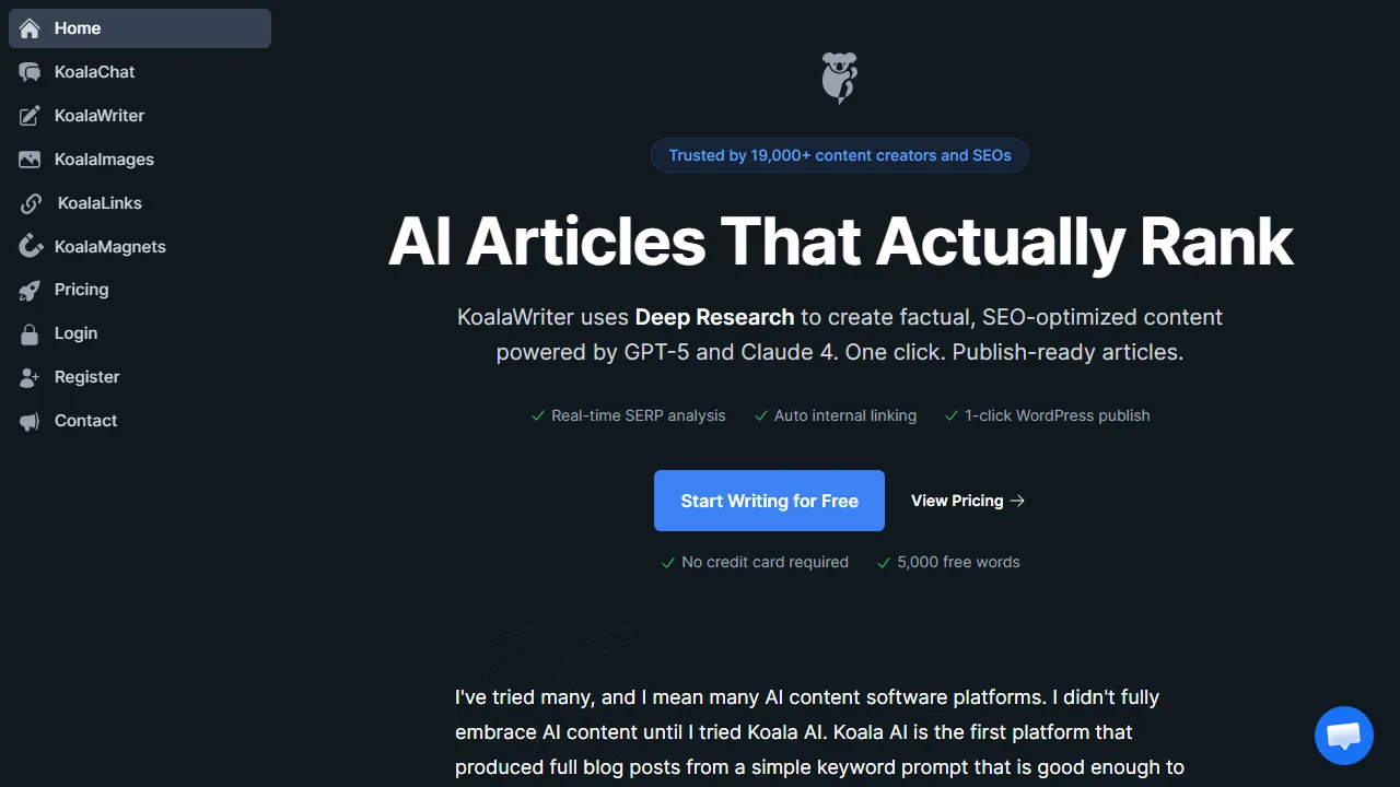 Koala homepage, writing AI tool