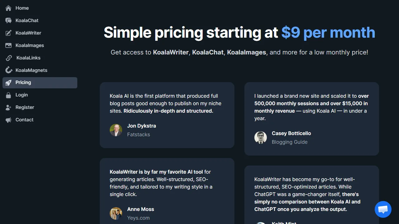 Koala pricing page: plans and rates