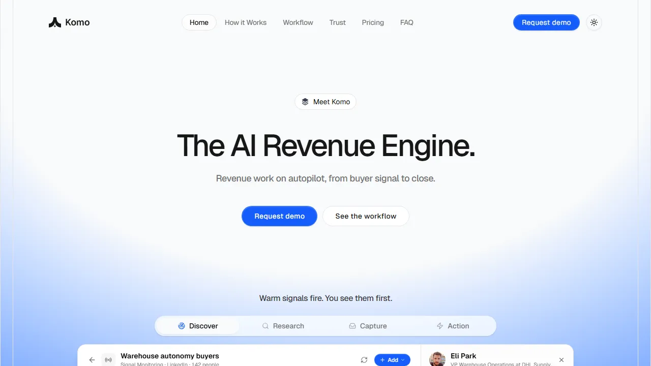 Komo homepage, search AI tool
