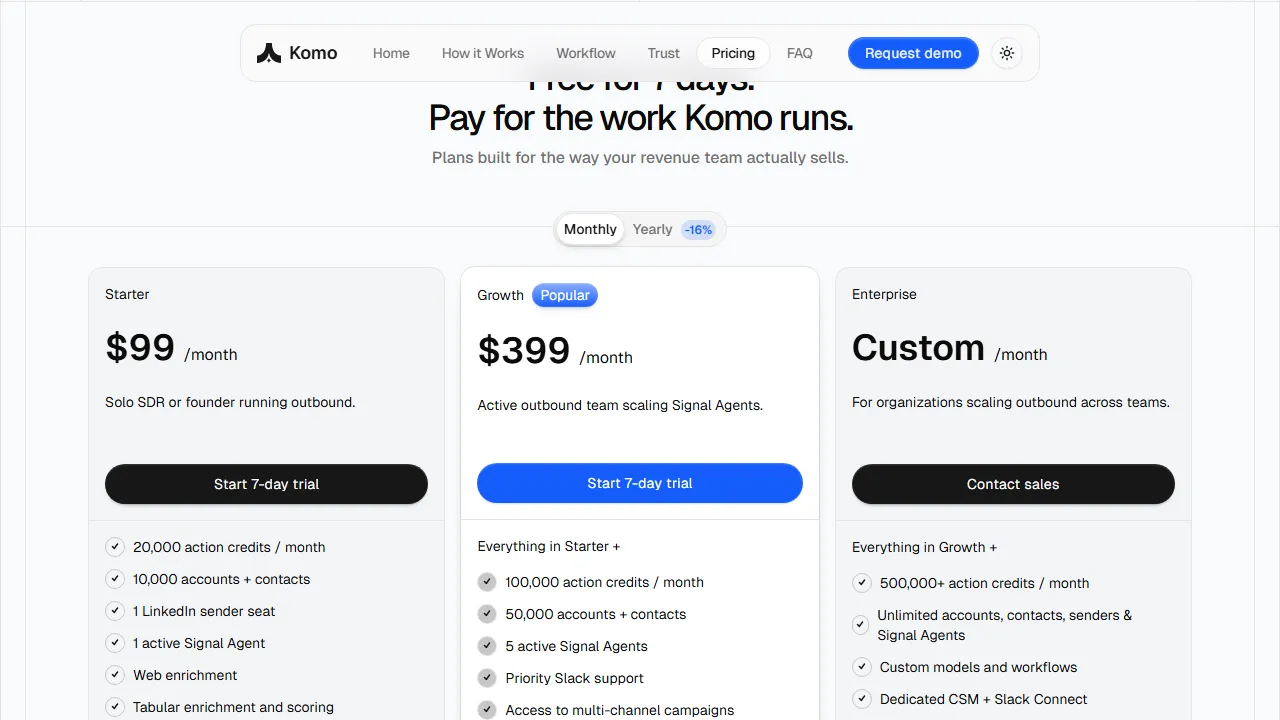 Komo pricing page: plans and rates