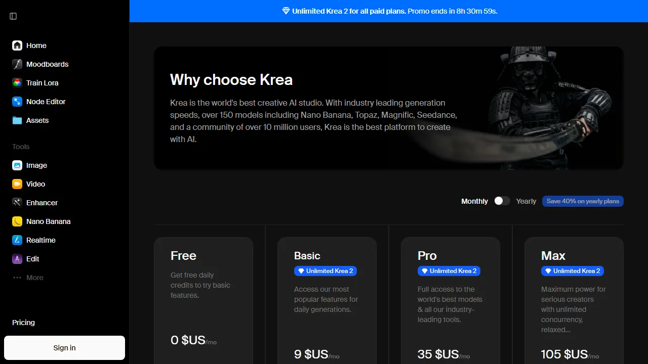Krea pricing page: plans and rates