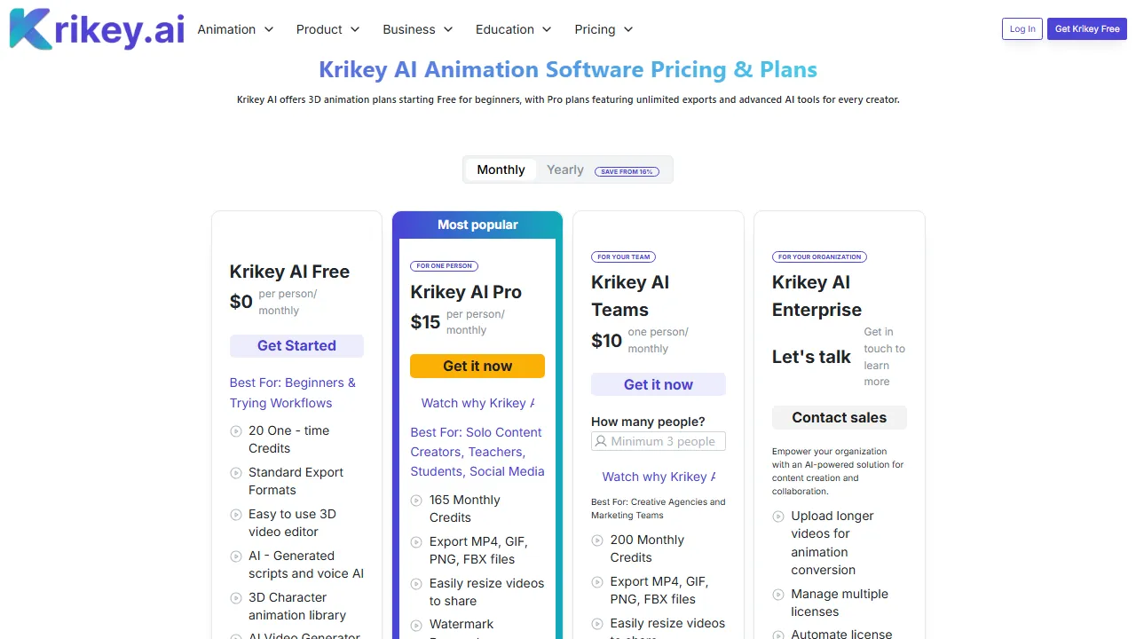 Krikey AI pricing page: plans and rates