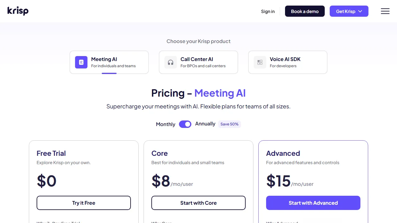 Krisp pricing page: plans and rates