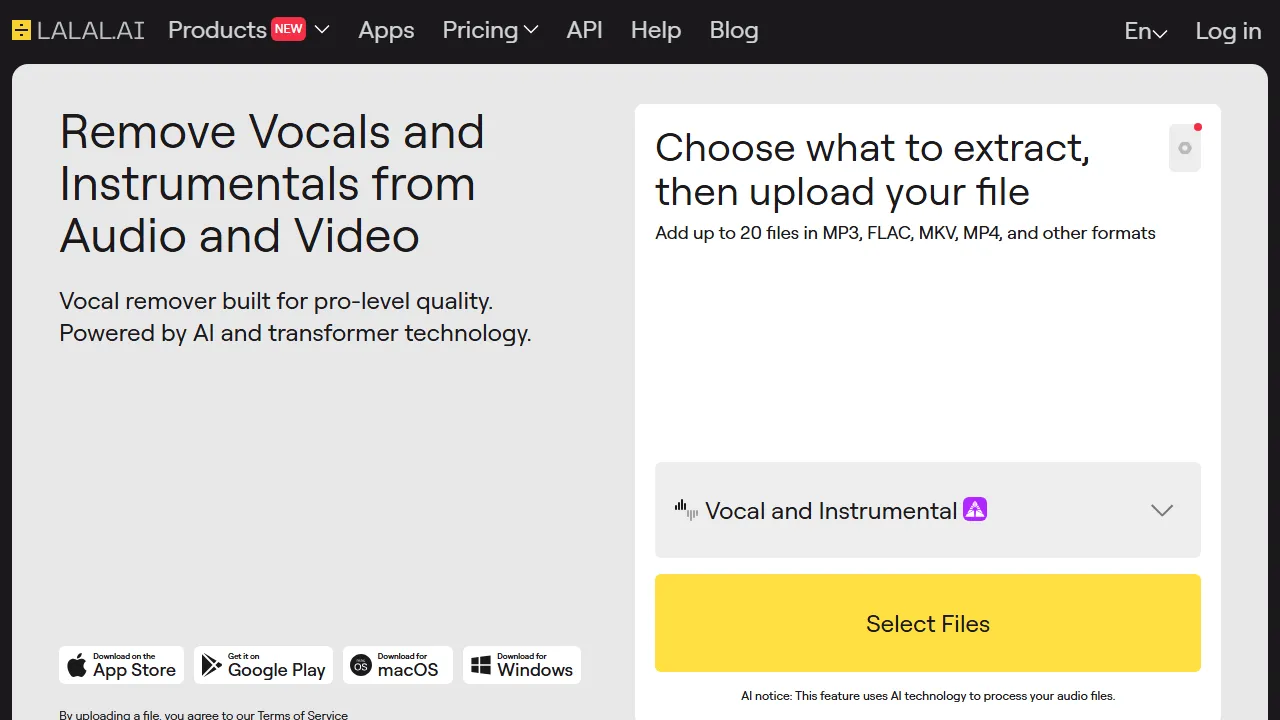 LALAL.AI homepage, voice & audio AI tool