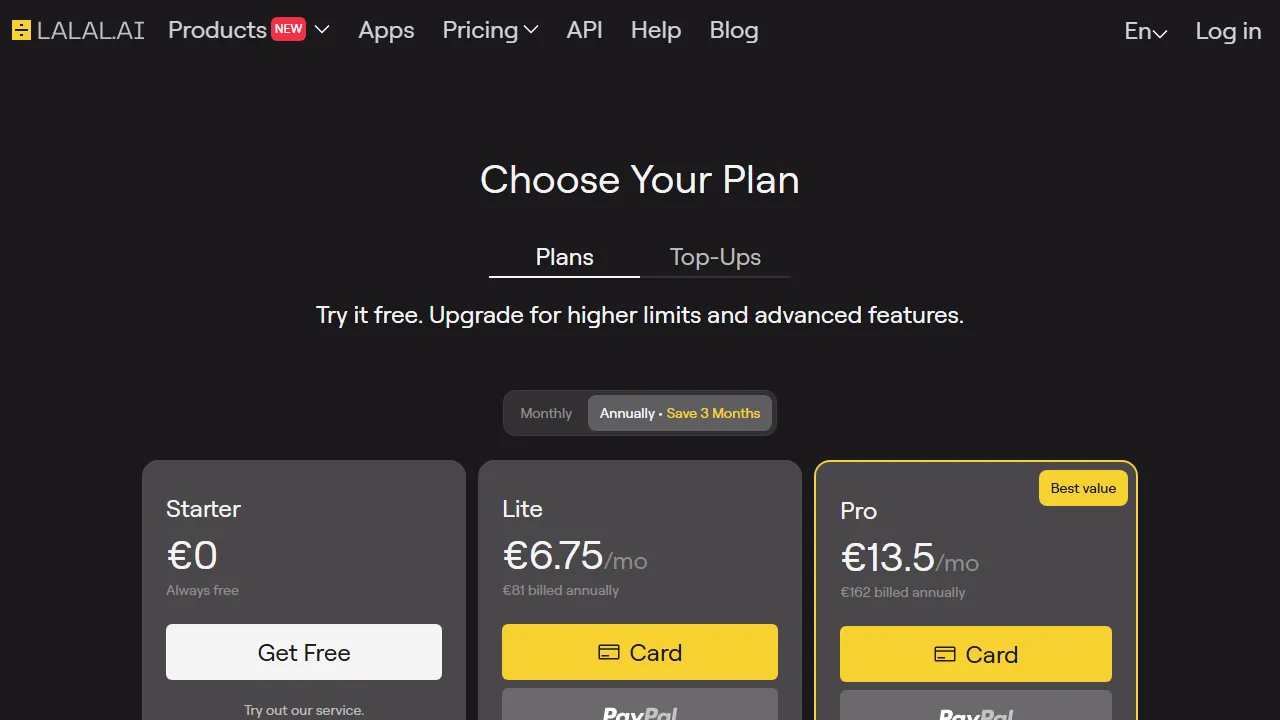 LALAL.AI pricing page: plans and rates