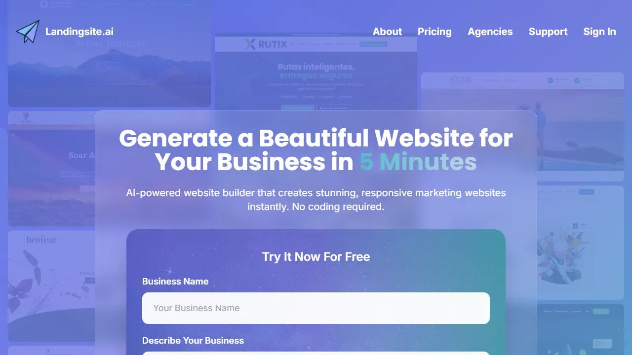 Landingsite homepage, no-code AI tool