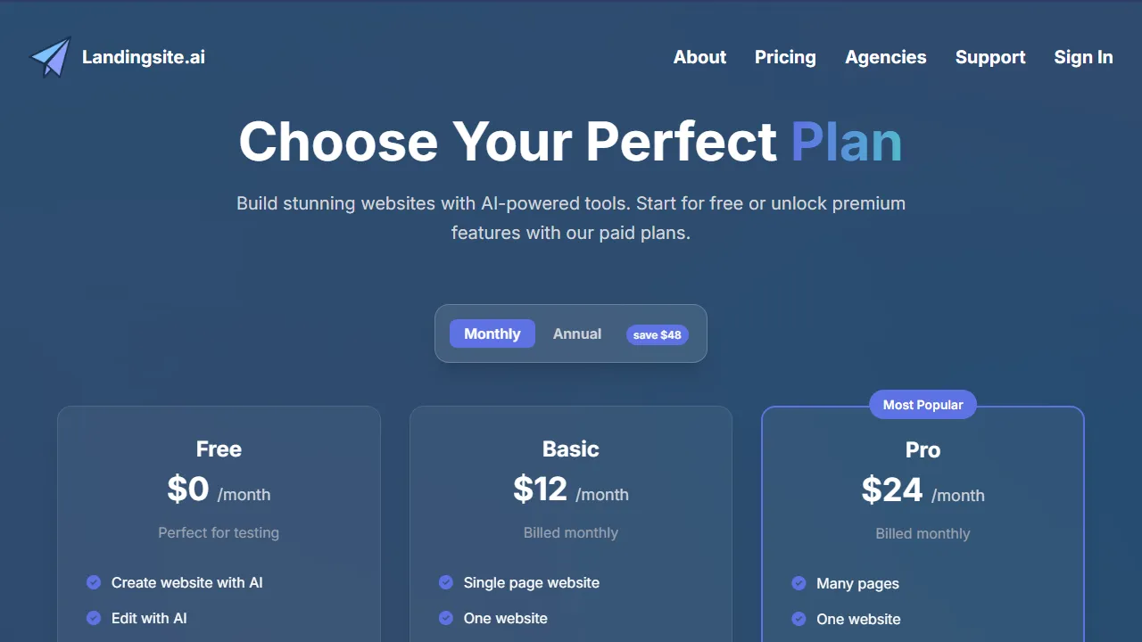 Landingsite pricing page: plans and rates