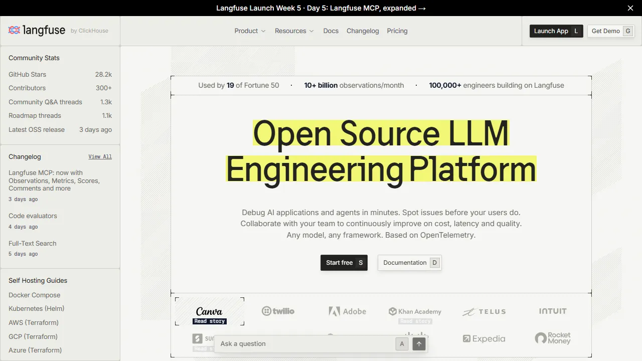 Langfuse homepage, mcp & connectors AI tool