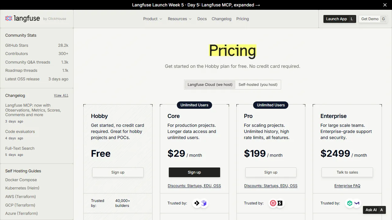 Langfuse pricing page: plans and rates
